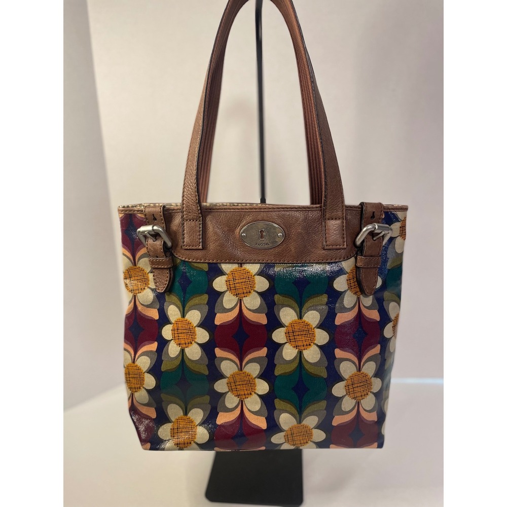 Fossil Key-Per Retro Floral Coated Canvas Tote Brown Leather Trim Multi-Color - Picture 3 of 14